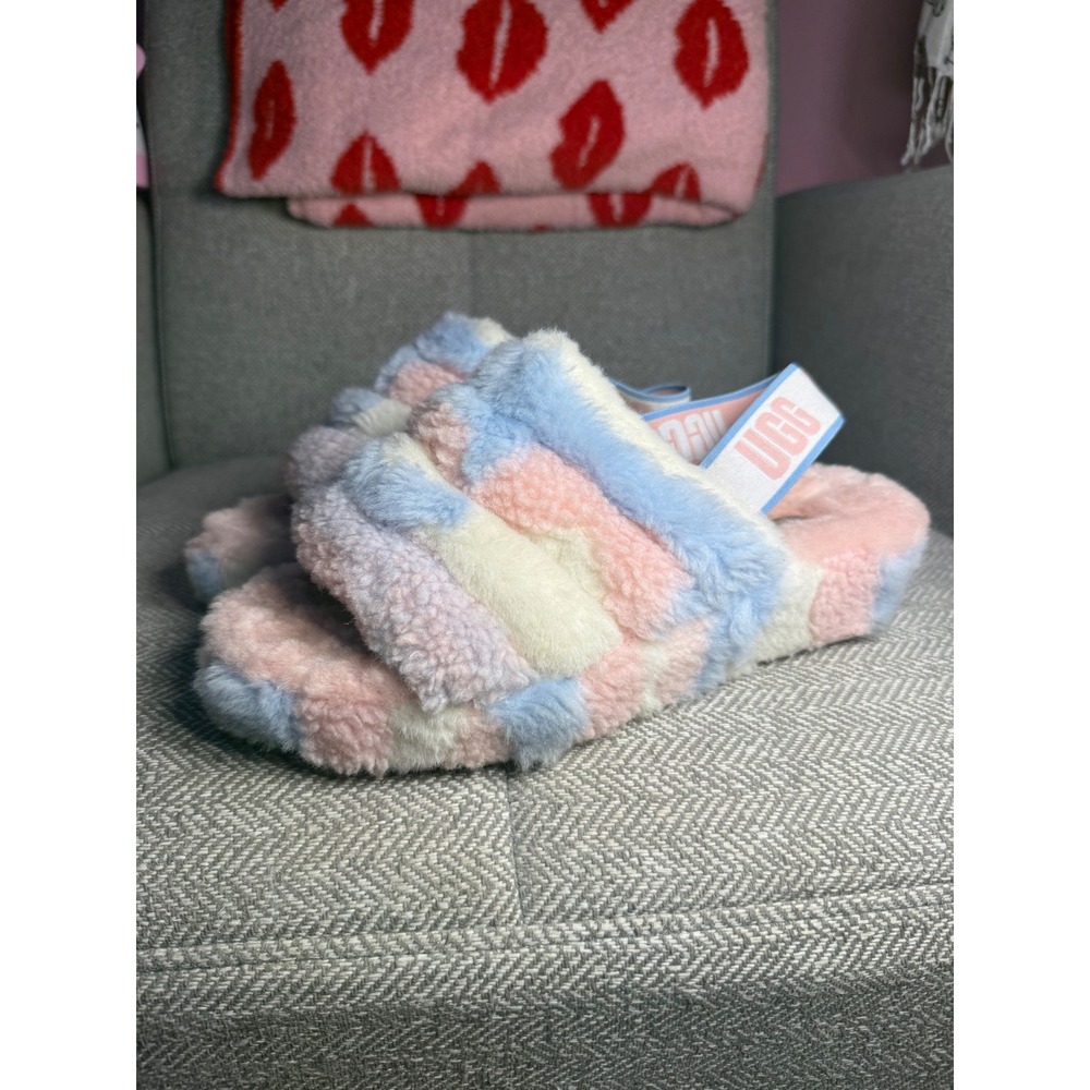 UGG Fluff Yeah Slide Pastel Multicolor Striped Sheepskin Slippers Women's 9